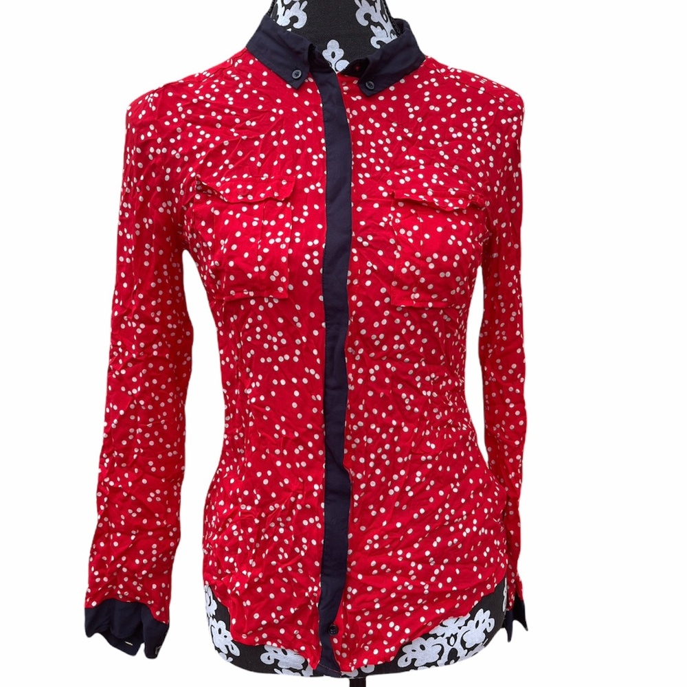 Maeve Anthroplogie Red Polka Dot Button Down Shirt Sz 2